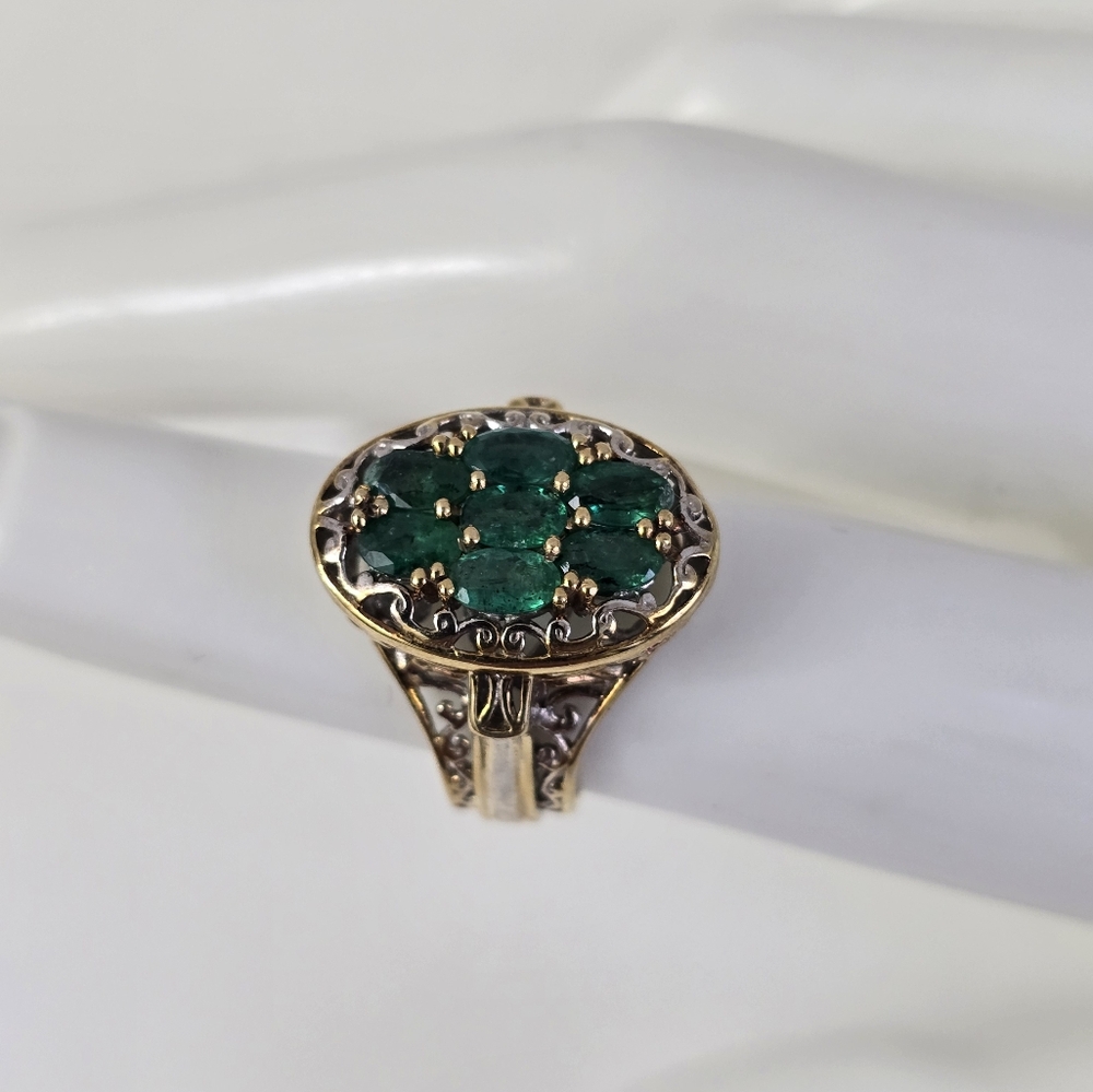 Sterling Silver 925 Intricate Green and Gold Ring with Emerald Cluster - Picture 6 of 7